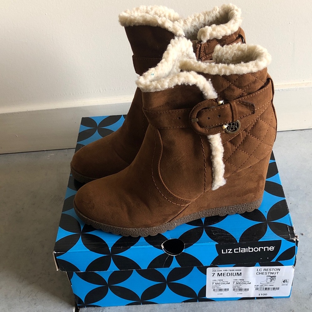 Liz Claiborne Chestnut Suede Wedge Ankle Boots with Shearling Trim